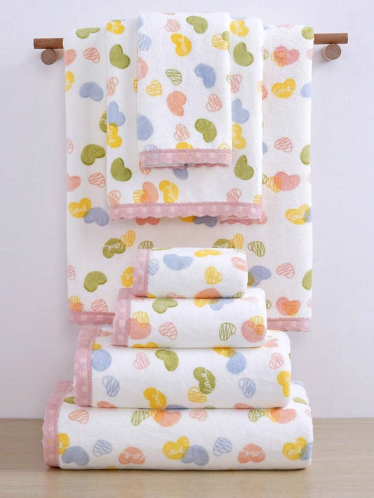 Asciugamani da bagno o asciugamani viso con stampa a cuori colorati, in morbido pile di corallo assorbente, con bordo in pizzo, adatti per scuola, salone di bellezza, bagno di casa