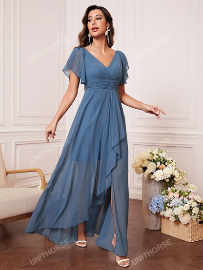 UNITHORSE Abito da damigella con maniche a farfalla, busto arricciato, orlo arricciato in chiffon, elegante per matrimoni, vestito da sposa, abito da compleanno per donna, vestito da laurea