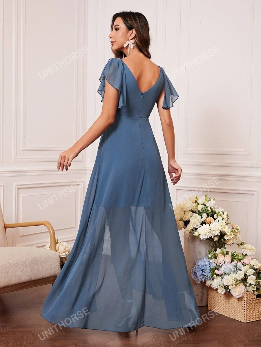 UNITHORSE Abito da damigella con maniche a farfalla, busto arricciato, orlo arricciato in chiffon, elegante per matrimoni, vestito da sposa, abito da compleanno per donna, vestito da laurea