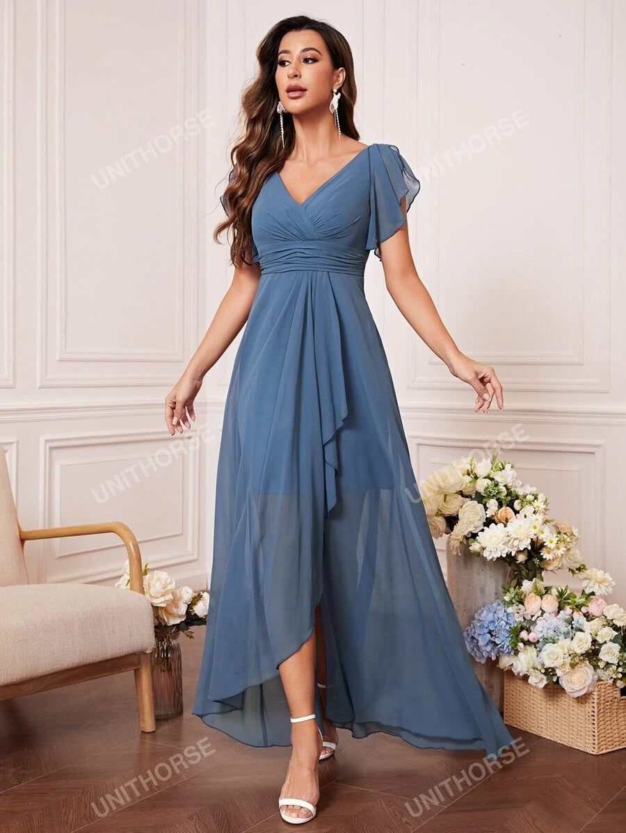UNITHORSE Abito da damigella con maniche a farfalla, busto arricciato, orlo arricciato in chiffon, elegante per matrimoni, vestito da sposa, abito da compleanno per donna, vestito da laurea