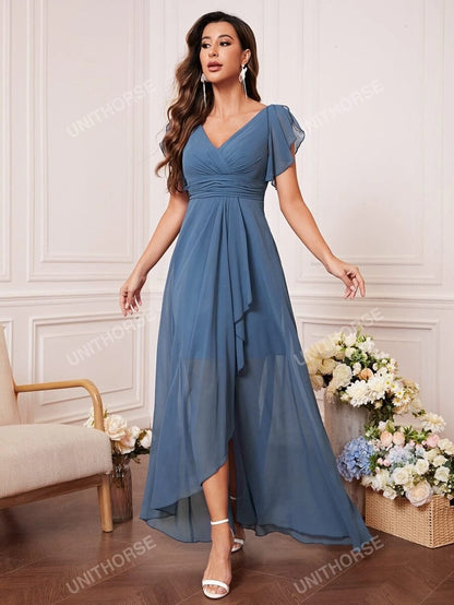 UNITHORSE Abito da damigella con maniche a farfalla, busto arricciato, orlo arricciato in chiffon, elegante per matrimoni, vestito da sposa, abito da compleanno per donna, vestito da laurea