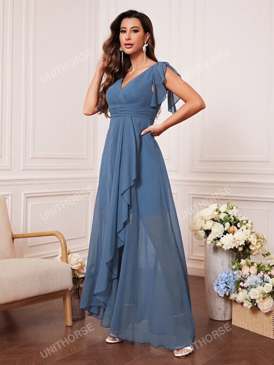 UNITHORSE Abito da damigella con maniche a farfalla, busto arricciato, orlo arricciato in chiffon, elegante per matrimoni, vestito da sposa, abito da compleanno per donna, vestito da laurea