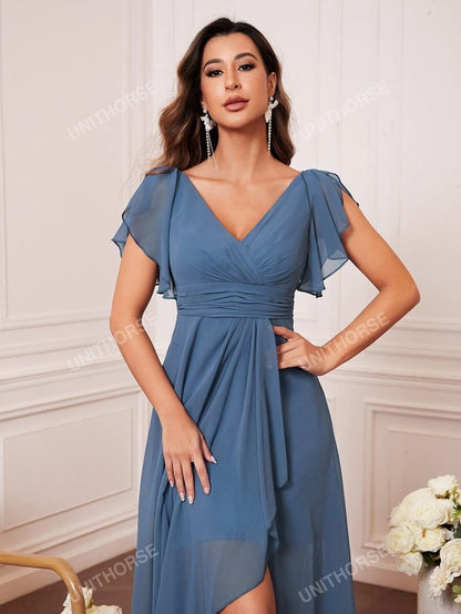 UNITHORSE Abito da damigella con maniche a farfalla, busto arricciato, orlo arricciato in chiffon, elegante per matrimoni, vestito da sposa, abito da compleanno per donna, vestito da laurea