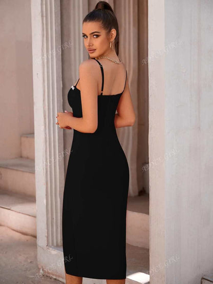 Vestito fasciante da cocktail/cerimonia elegante con spacco alla coscia, decorato con perline e strass, senza schiena, adatto per feste di compleanno, matrimoni, lauree, cene