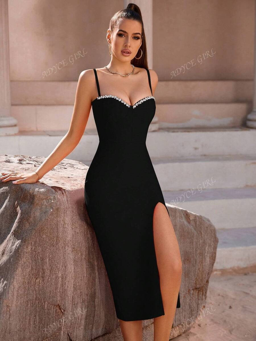 Vestito fasciante da cocktail/cerimonia elegante con spacco alla coscia, decorato con perline e strass, senza schiena, adatto per feste di compleanno, matrimoni, lauree, cene
