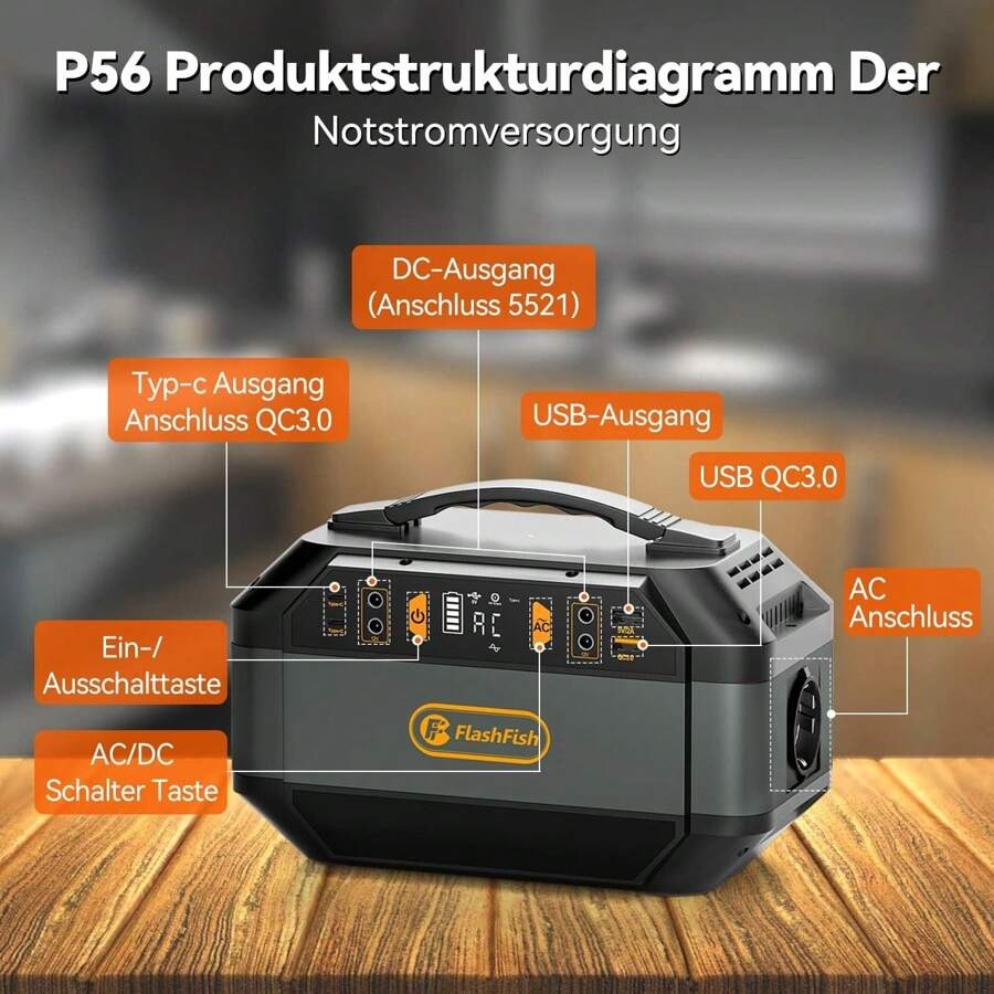 Generatore solare con batteria portatile Flashfish da 288,6 Wh/78000 mAh, alimentazione CA 330 W, potenza di picco 600 W, onda sinusoidale pura 230 V, 9 uscite, display LED