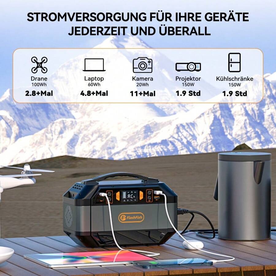 Generatore solare con batteria portatile Flashfish da 288,6 Wh/78000 mAh, alimentazione CA 330 W, potenza di picco 600 W, onda sinusoidale pura 230 V, 9 uscite, display LED