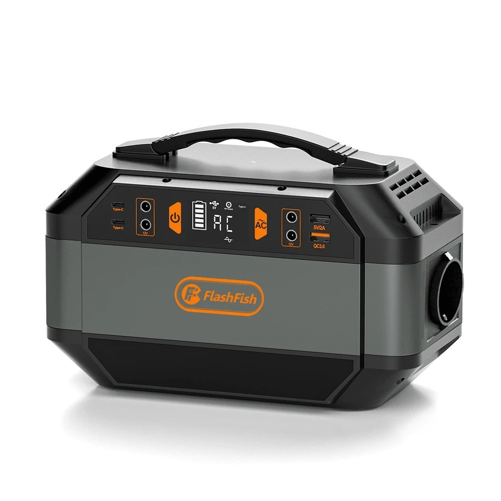 Generatore solare con batteria portatile Flashfish da 288,6 Wh/78000 mAh, alimentazione CA 330 W, potenza di picco 600 W, onda sinusoidale pura 230 V, 9 uscite, display LED