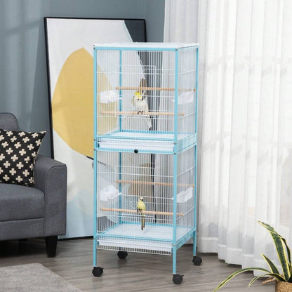 PawHut Gabbia per Uccelli 2 in 1 Voliera per Interni con 4 Ruote Girevoli, Vassoi Estraibili e Contenitori in Plastica, 51.5x50x140cm, Azzurra