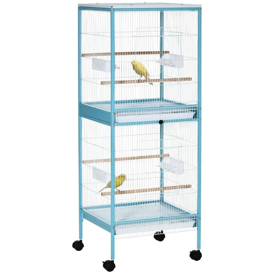 PawHut Gabbia per Uccelli 2 in 1 Voliera per Interni con 4 Ruote Girevoli, Vassoi Estraibili e Contenitori in Plastica, 51.5x50x140cm, Azzurra