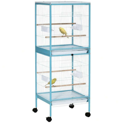 PawHut Gabbia per Uccelli 2 in 1 Voliera per Interni con 4 Ruote Girevoli, Vassoi Estraibili e Contenitori in Plastica, 51.5x50x140cm, Azzurra