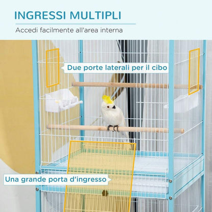 PawHut Gabbia per Uccelli 2 in 1 Voliera per Interni con 4 Ruote Girevoli, Vassoi Estraibili e Contenitori in Plastica, 51.5x50x140cm, Azzurra