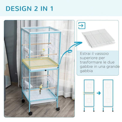 PawHut Gabbia per Uccelli 2 in 1 Voliera per Interni con 4 Ruote Girevoli, Vassoi Estraibili e Contenitori in Plastica, 51.5x50x140cm, Azzurra
