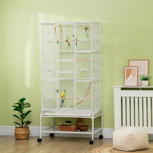 PawHut Gabbia per Uccelli in Acciaio e PP con Posatoi, Giocattoli, Contenitori per Cibo e Vassoio Removibile, 83x53x180 cm, Bianco