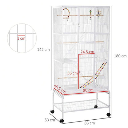 PawHut Gabbia per Uccelli in Acciaio e PP con Posatoi, Giocattoli, Contenitori per Cibo e Vassoio Removibile, 83x53x180 cm, Bianco