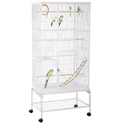 PawHut Gabbia per Uccelli in Acciaio e PP con Posatoi, Giocattoli, Contenitori per Cibo e Vassoio Removibile, 83x53x180 cm, Bianco