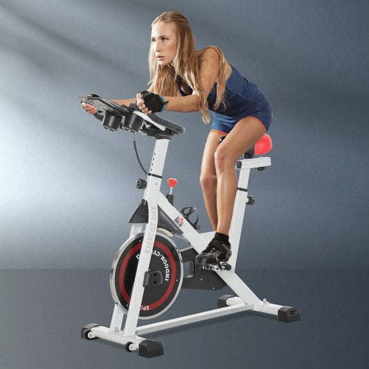HOMCOM Cyclette Professionale, Bici da Spinning, Cyclette da Camera Regolabile con Schermo LCD e Portabicchieri, Volano 8kg, Bianco