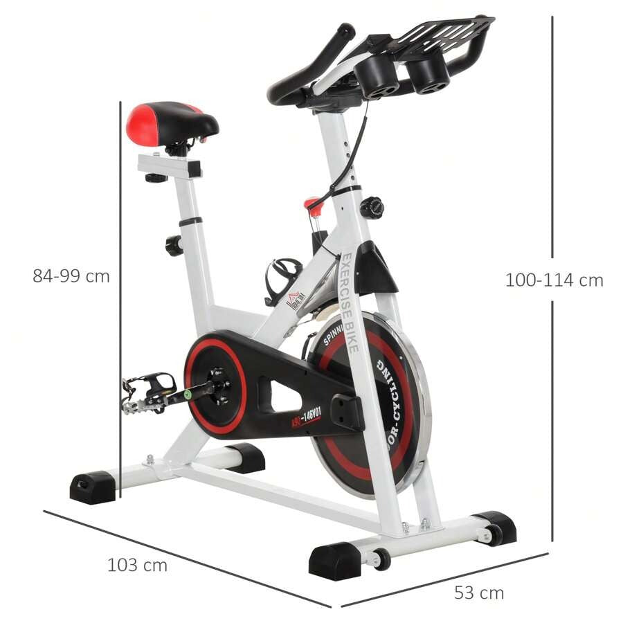 HOMCOM Cyclette Professionale, Bici da Spinning, Cyclette da Camera Regolabile con Schermo LCD e Portabicchieri, Volano 8kg, Bianco