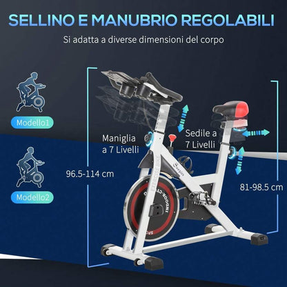 HOMCOM Cyclette Professionale, Bici da Spinning, Cyclette da Camera Regolabile con Schermo LCD e Portabicchieri, Volano 8kg, Bianco