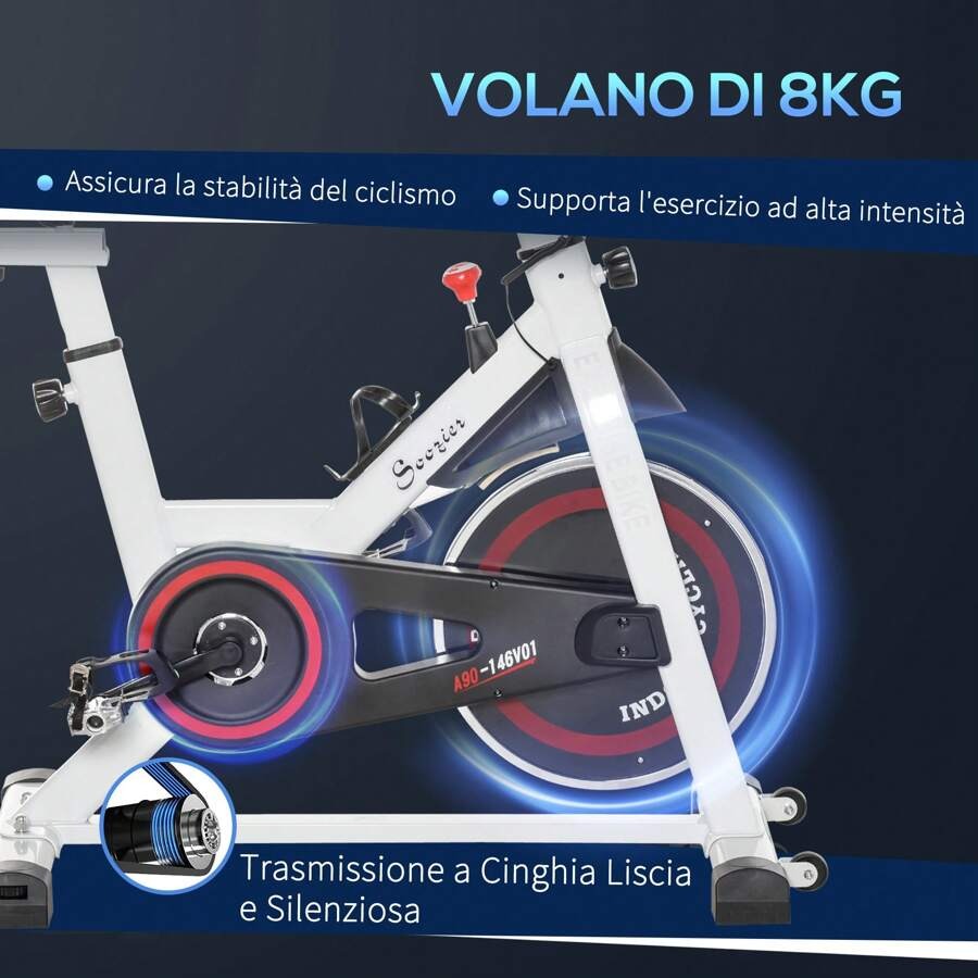 HOMCOM Cyclette Professionale, Bici da Spinning, Cyclette da Camera Regolabile con Schermo LCD e Portabicchieri, Volano 8kg, Bianco