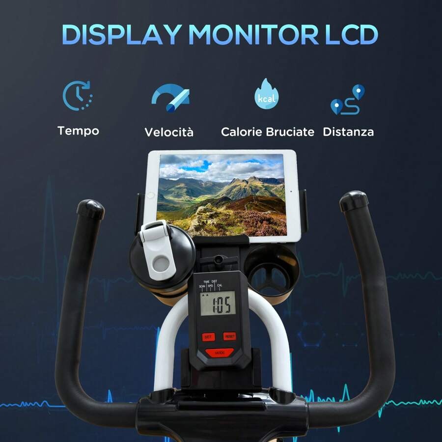 HOMCOM Cyclette Professionale, Bici da Spinning, Cyclette da Camera Regolabile con Schermo LCD e Portabicchieri, Volano 8kg, Bianco