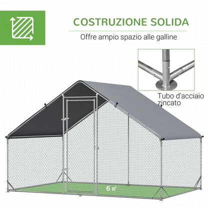 PawHut Pollaio Ovaiole per Esterni con Telaio Zincato e Rete Esagonale, Recinto con Copertura in Tessuto Impermeabile per Polli, Anatre e Conigli, 3x2x2m