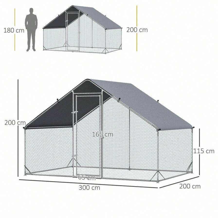 PawHut Pollaio Ovaiole per Esterni con Telaio Zincato e Rete Esagonale, Recinto con Copertura in Tessuto Impermeabile per Polli, Anatre e Conigli, 3x2x2m