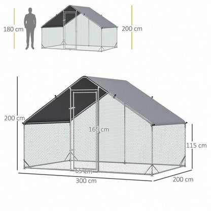 PawHut Pollaio Ovaiole per Esterni con Telaio Zincato e Rete Esagonale, Recinto con Copertura in Tessuto Impermeabile per Polli, Anatre e Conigli, 3x2x2m