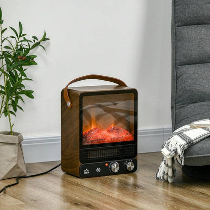 HOMCOM Camino Elettrico ad Effetto Fiamma LED Realistico con 3 Modalità di Riscaldamento, Interruttore di Sicurezza e Maniglia, 30.3x17.5x37.4 cm, Nero e Noce