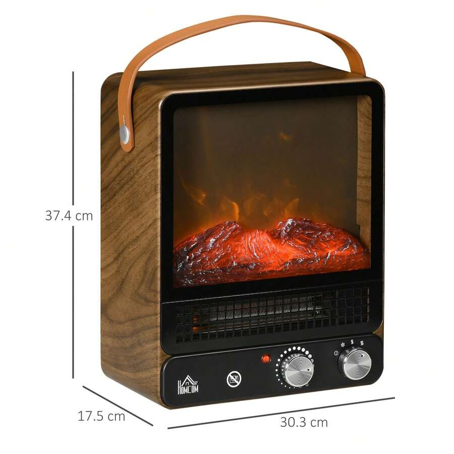 HOMCOM Camino Elettrico ad Effetto Fiamma LED Realistico con 3 Modalità di Riscaldamento, Interruttore di Sicurezza e Maniglia, 30.3x17.5x37.4 cm, Nero e Noce