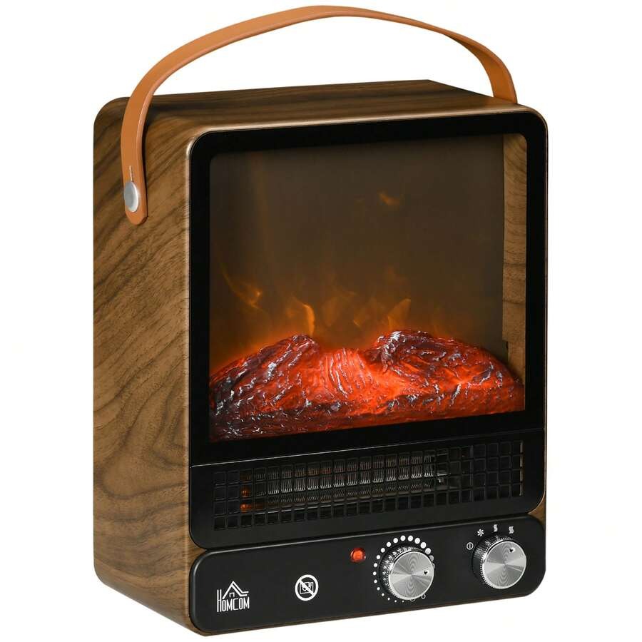 HOMCOM Camino Elettrico ad Effetto Fiamma LED Realistico con 3 Modalità di Riscaldamento, Interruttore di Sicurezza e Maniglia, 30.3x17.5x37.4 cm, Nero e Noce