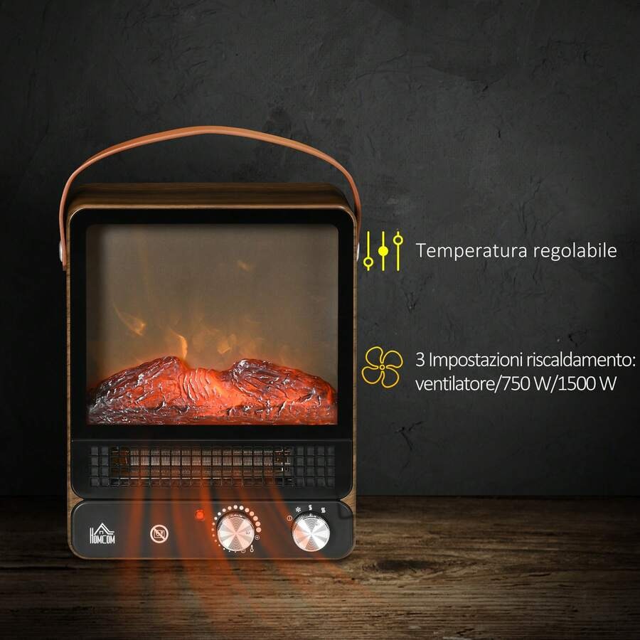 HOMCOM Camino Elettrico ad Effetto Fiamma LED Realistico con 3 Modalità di Riscaldamento, Interruttore di Sicurezza e Maniglia, 30.3x17.5x37.4 cm, Nero e Noce