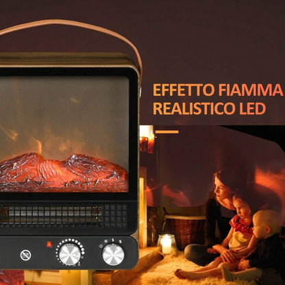 HOMCOM Camino Elettrico ad Effetto Fiamma LED Realistico con 3 Modalità di Riscaldamento, Interruttore di Sicurezza e Maniglia, 30.3x17.5x37.4 cm, Nero e Noce
