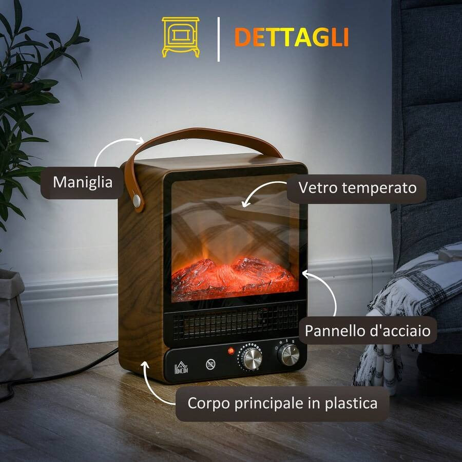 HOMCOM Camino Elettrico ad Effetto Fiamma LED Realistico con 3 Modalità di Riscaldamento, Interruttore di Sicurezza e Maniglia, 30.3x17.5x37.4 cm, Nero e Noce