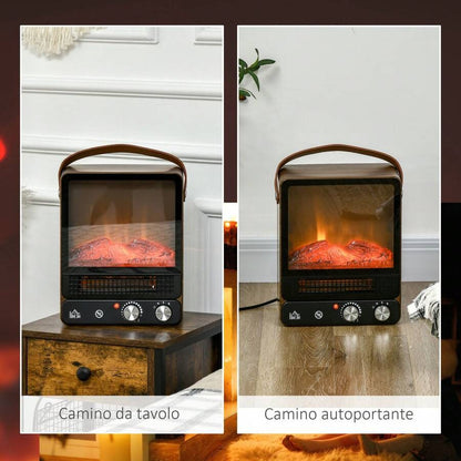 HOMCOM Camino Elettrico ad Effetto Fiamma LED Realistico con 3 Modalità di Riscaldamento, Interruttore di Sicurezza e Maniglia, 30.3x17.5x37.4 cm, Nero e Noce