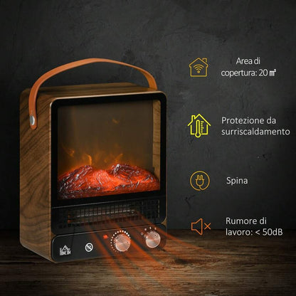 HOMCOM Camino Elettrico ad Effetto Fiamma LED Realistico con 3 Modalità di Riscaldamento, Interruttore di Sicurezza e Maniglia, 30.3x17.5x37.4 cm, Nero e Noce