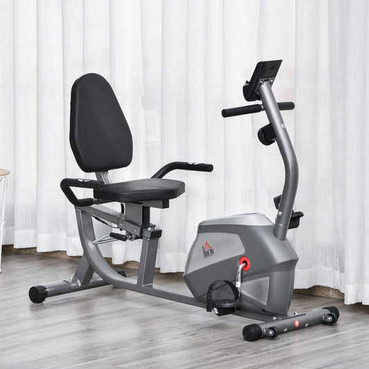 HOMCOM Cyclette Orizzontale con Schienale e Seduta Regolabile, Spin Bike Magnetica Professionale, Cyclette Cardio con 8 Resistenze e Monitor LCD