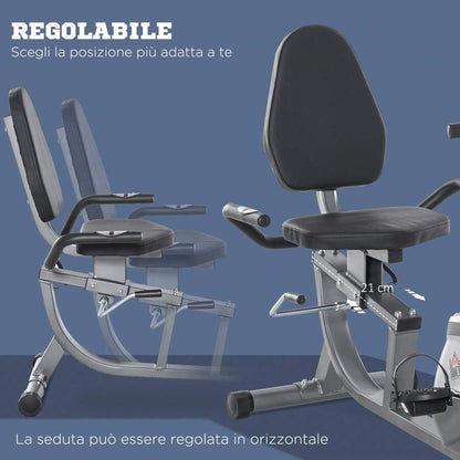 HOMCOM Cyclette Orizzontale con Schienale e Seduta Regolabile, Spin Bike Magnetica Professionale, Cyclette Cardio con 8 Resistenze e Monitor LCD