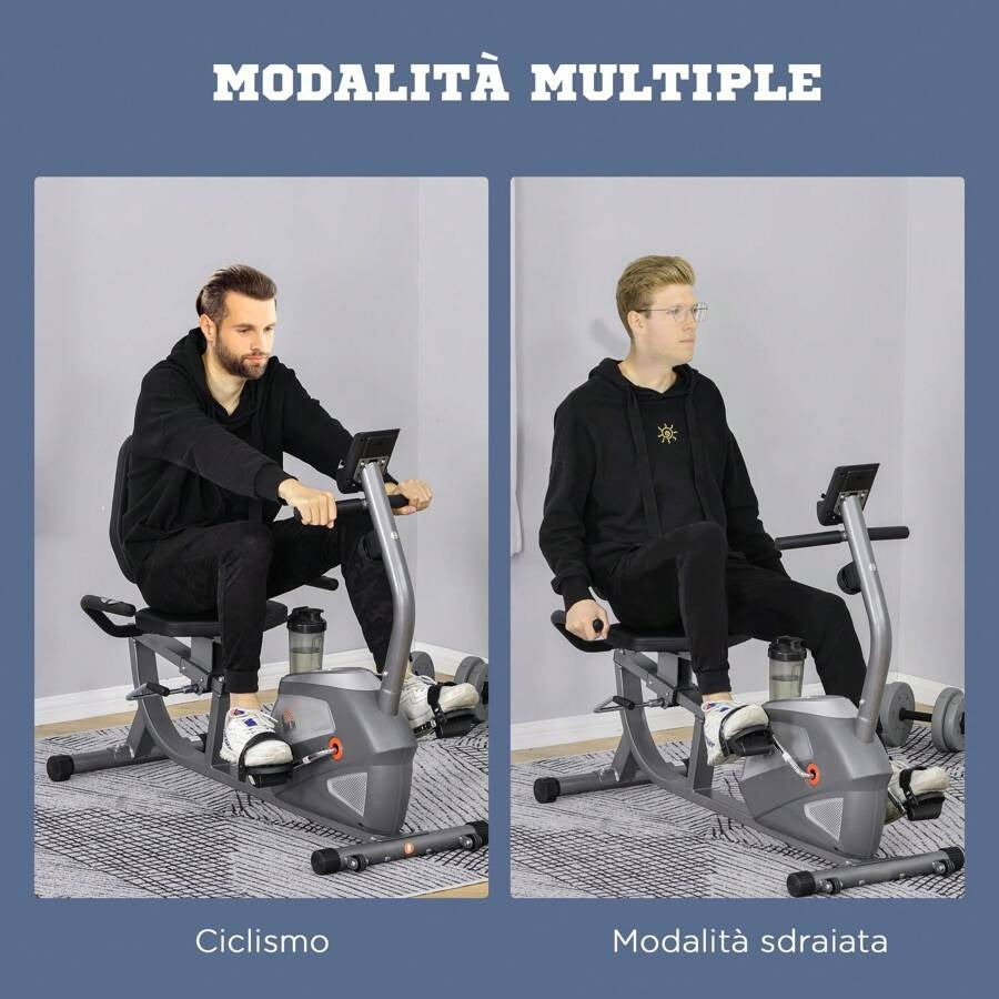 HOMCOM Cyclette Orizzontale con Schienale e Seduta Regolabile, Spin Bike Magnetica Professionale, Cyclette Cardio con 8 Resistenze e Monitor LCD