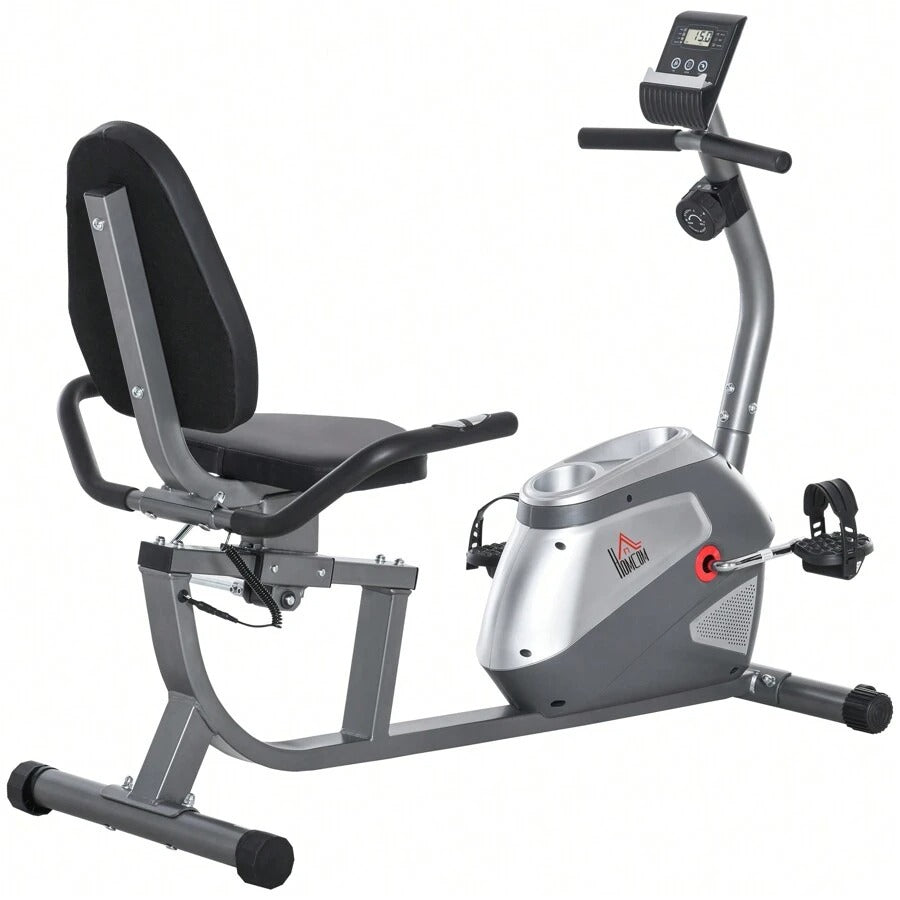 HOMCOM Cyclette Orizzontale con Schienale e Seduta Regolabile, Spin Bike Magnetica Professionale, Cyclette Cardio con 8 Resistenze e Monitor LCD