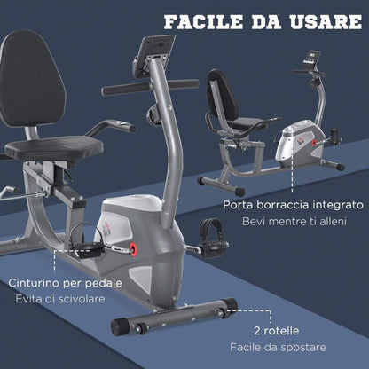 HOMCOM Cyclette Orizzontale con Schienale e Seduta Regolabile, Spin Bike Magnetica Professionale, Cyclette Cardio con 8 Resistenze e Monitor LCD