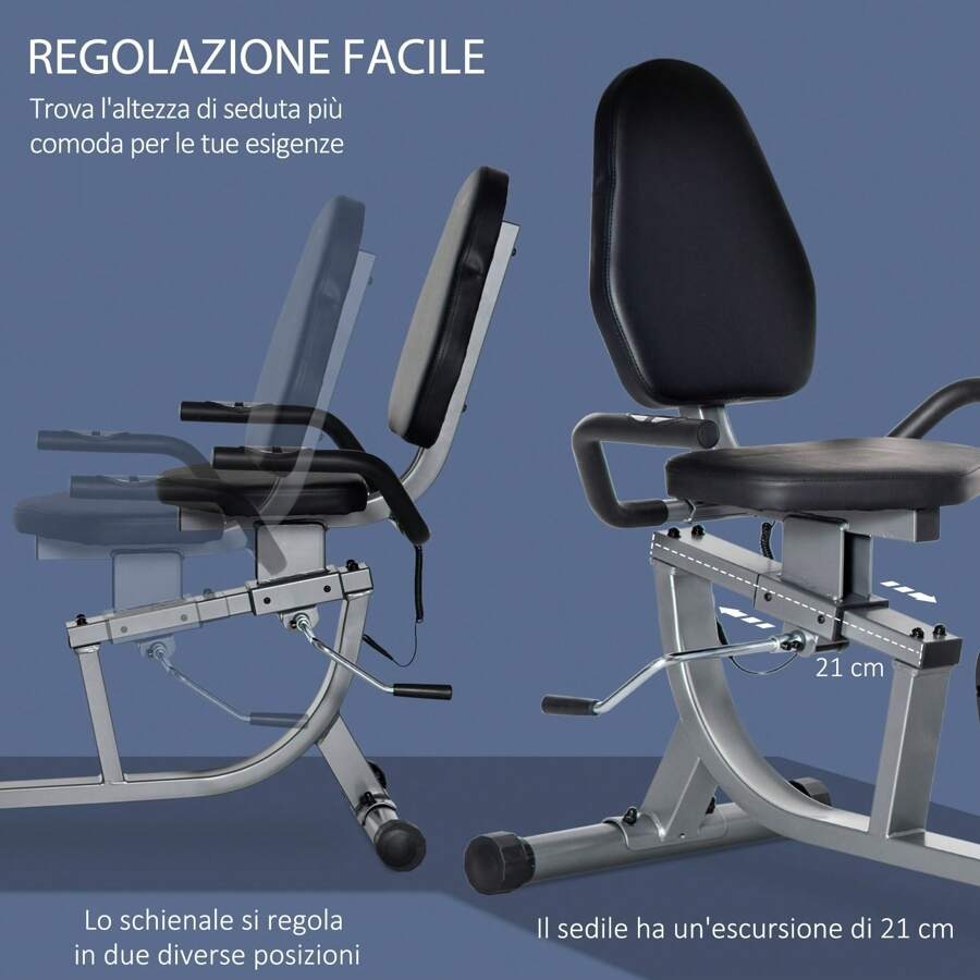 HOMCOM Cyclette Orizzontale Recumbent con 8 Livelli di Resistenza, Monitor LCD e Seduta Regolabile, in Acciaio e ABS, 122-137x62x103cm