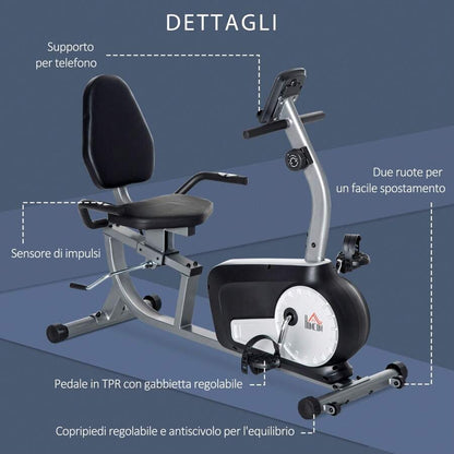 HOMCOM Cyclette Orizzontale Recumbent con 8 Livelli di Resistenza, Monitor LCD e Seduta Regolabile, in Acciaio e ABS, 122-137x62x103cm