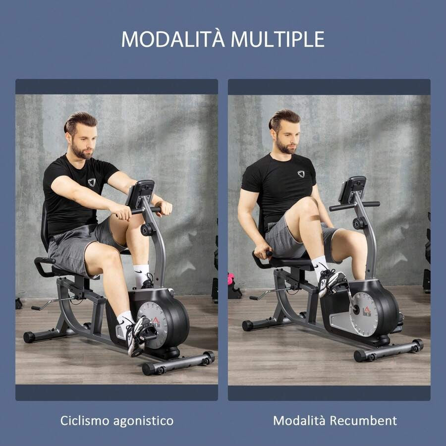 HOMCOM Cyclette Orizzontale Recumbent con 8 Livelli di Resistenza, Monitor LCD e Seduta Regolabile, in Acciaio e ABS, 122-137x62x103cm