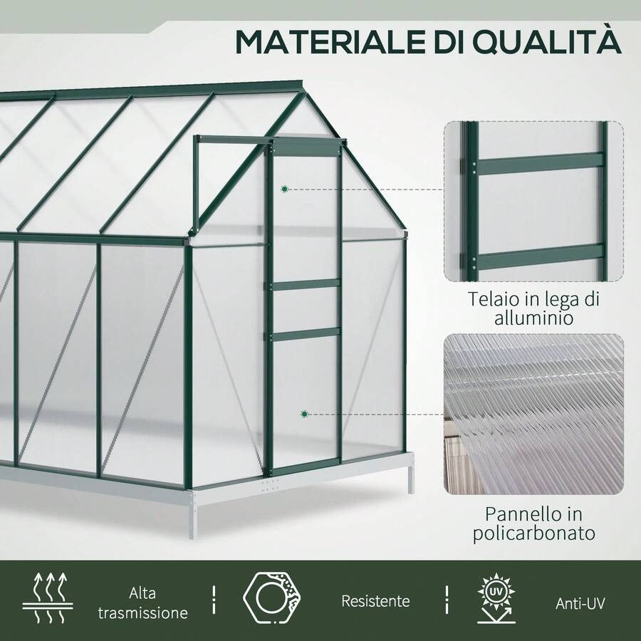Outsunny Serra da Giardino in Policarbonato 190x375x199cm, con Finestra Apribile e Porta Scorrevole, Struttura in Alluminio, Verde