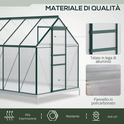 Outsunny Serra da Giardino in Policarbonato 190x375x199cm, con Finestra Apribile e Porta Scorrevole, Struttura in Alluminio, Verde