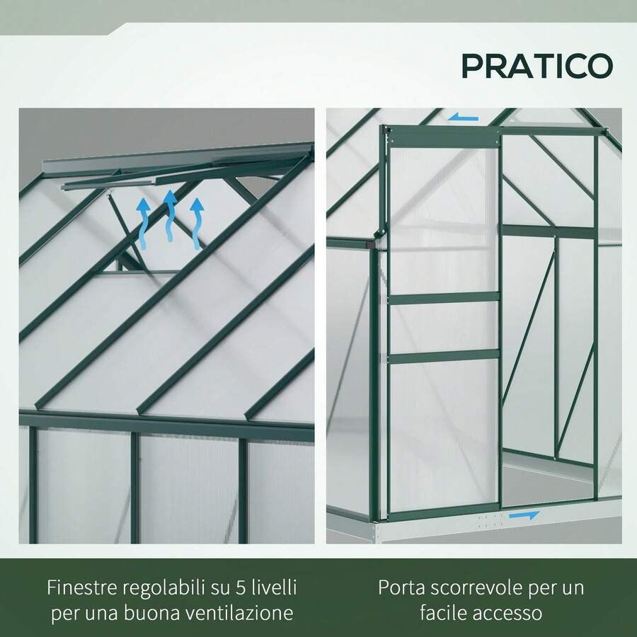 Outsunny Serra da Giardino in Policarbonato 190x375x199cm, con Finestra Apribile e Porta Scorrevole, Struttura in Alluminio, Verde