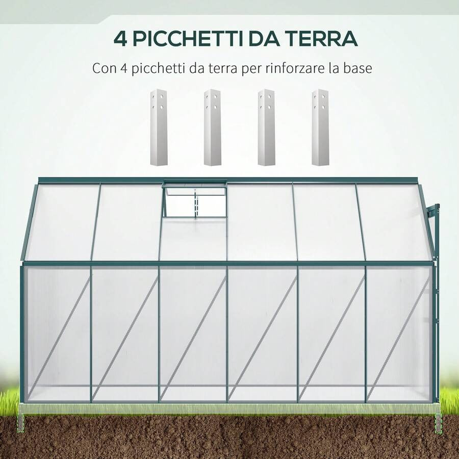 Outsunny Serra da Giardino in Policarbonato 190x375x199cm, con Finestra Apribile e Porta Scorrevole, Struttura in Alluminio, Verde