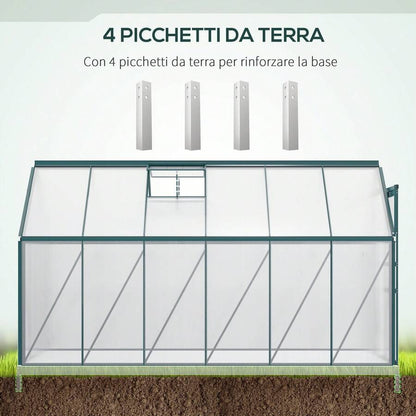Outsunny Serra da Giardino in Policarbonato 190x375x199cm, con Finestra Apribile e Porta Scorrevole, Struttura in Alluminio, Verde