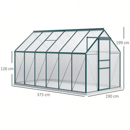 Outsunny Serra da Giardino in Policarbonato 190x375x199cm, con Finestra Apribile e Porta Scorrevole, Struttura in Alluminio, Verde
